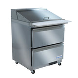 A stainless steel refrigerated sandwich prep table on wheels with two drawers, a cutting board, and a top compartment covered by a closed lid. The front features a blue Empura logo and a digital control panel near the bottom.
