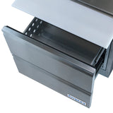 A stainless steel refrigerated sandwich prep table drawer is pulled open, revealing an empty interior. The unit has a clean, modern design with a perforated metal side, white cutting board on top, and a blue and white Empura label on the front.