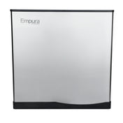 A stainless steel Empura modular cube-style ice machine with a smooth, rectangular front, black trim at the base, and logo in the upper left corner. Its modern design delivers a 350 lbs ice yield with no visible handles or buttons.