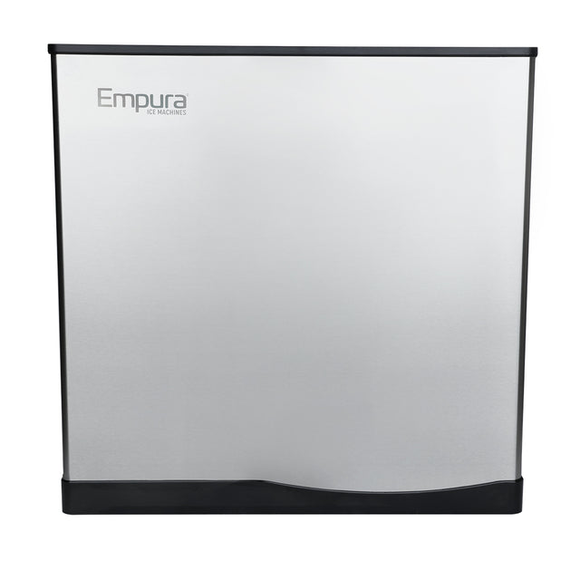 A stainless steel Empura modular cube-style ice machine with a smooth, rectangular front, black trim at the base, and logo in the upper left corner. Its modern design delivers a 350 lbs ice yield with no visible handles or buttons.
