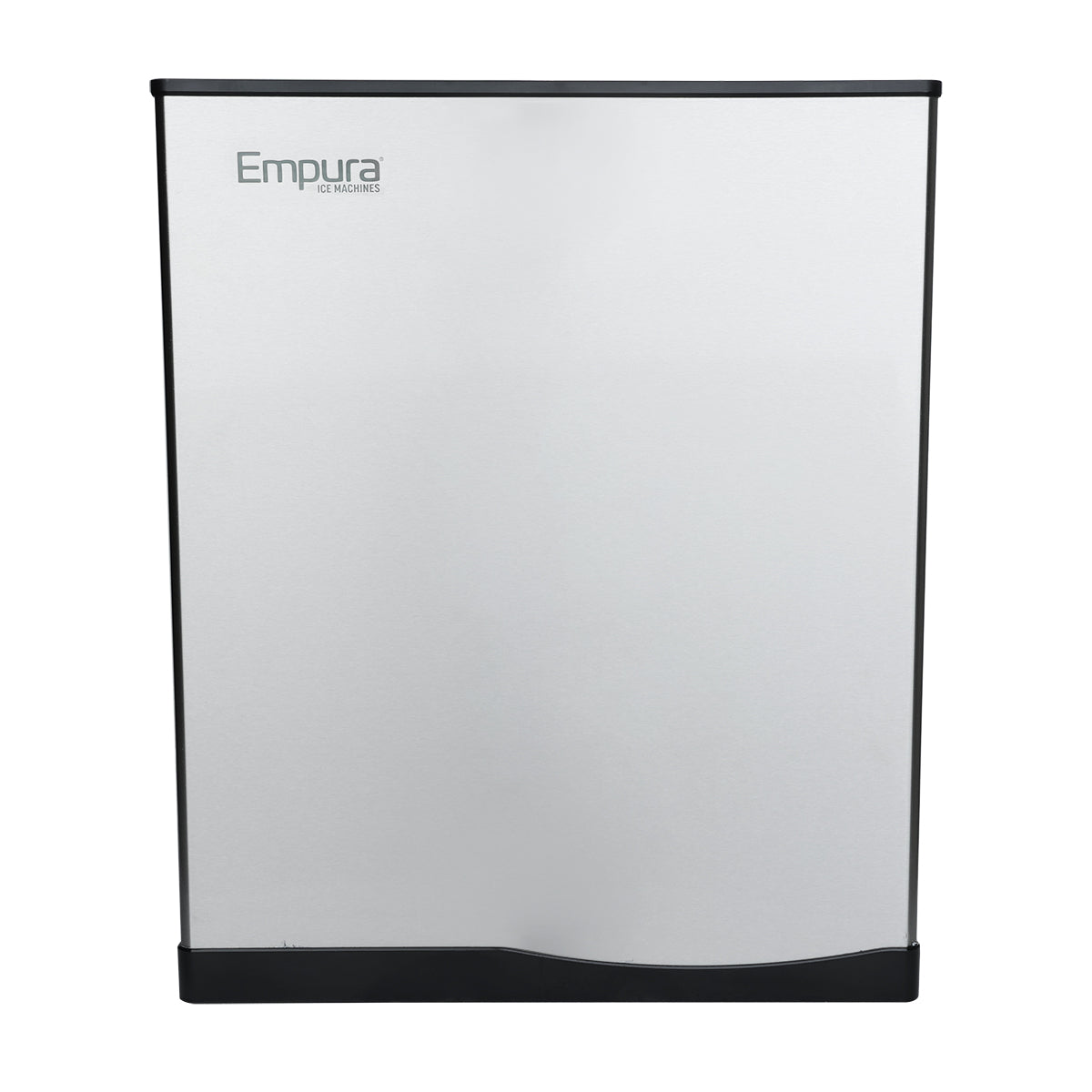 A front view of a silver Empura commercial ice maker with a smooth, rectangular design. The logo Empura Ice Machines appears in the upper left corner. The machine produces full cube ice and features black trim with a subtle curve at the lower front.