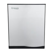 A front view of a silver Empura commercial ice maker with a smooth, rectangular design. The logo Empura Ice Machines appears in the upper left corner. The machine produces full cube ice and features black trim with a subtle curve at the lower front.