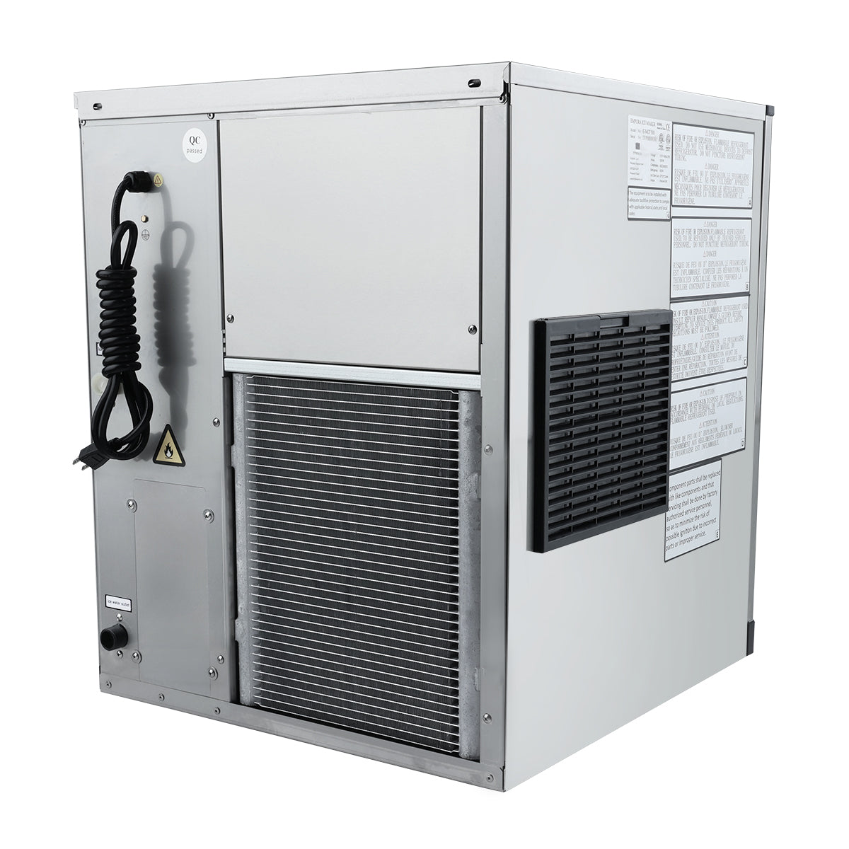 A commercial ice maker with a vented front panel, black side vent, control panel, attached power cord, and multiple instruction labels on the side; this stainless steel ice machine produces full cube ice and sits on a plain white background.