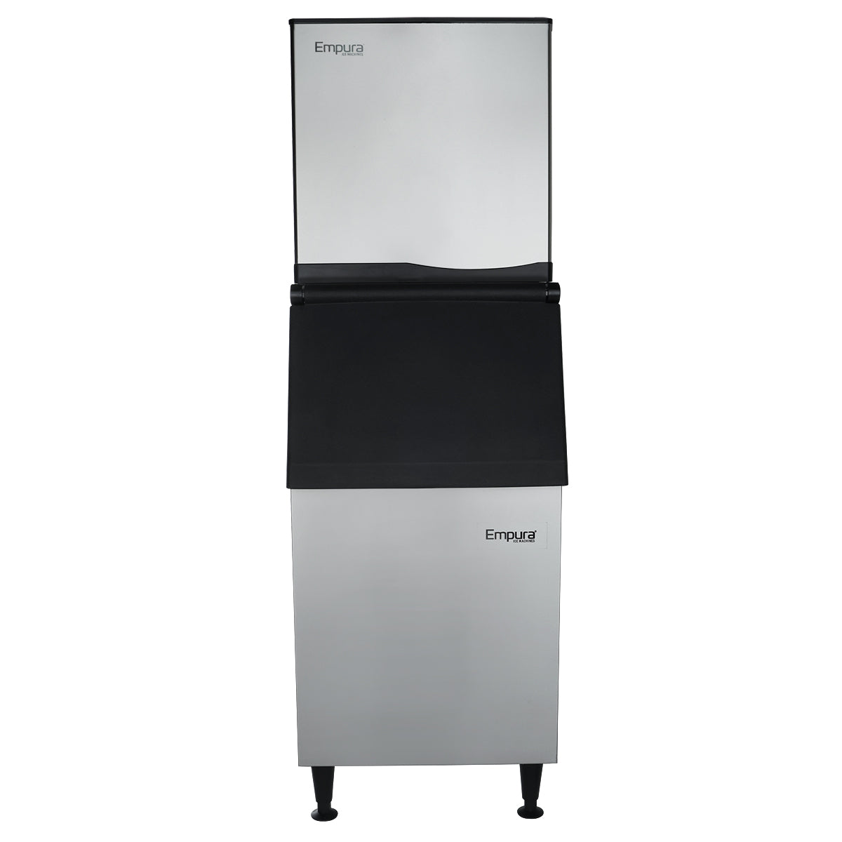 A tall, stainless steel commercial ice maker with black accents, labeled Empura. The unit features a large upper ice-making compartment for full cube ice and a lower bin for storage, all supported by four black legs in a sleek, industrial design.