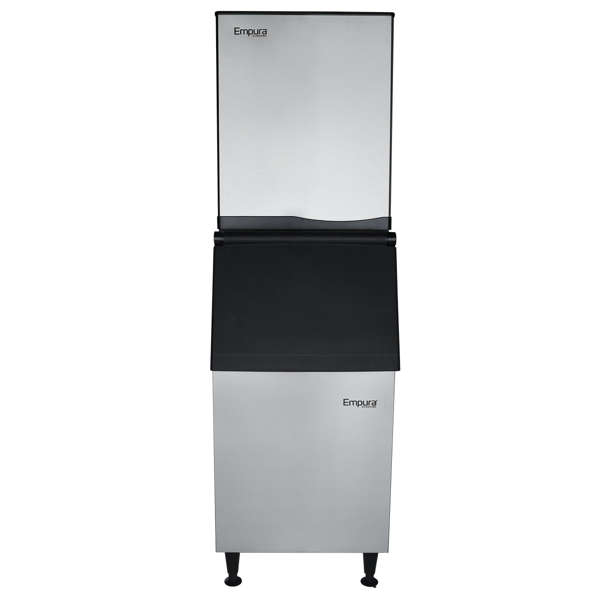A commercial ice machine with a stainless steel body and black dispenser section. This full cube ice maker, branded “Empura,” is visible on the top door and lower front, and stands on four adjustable legs.