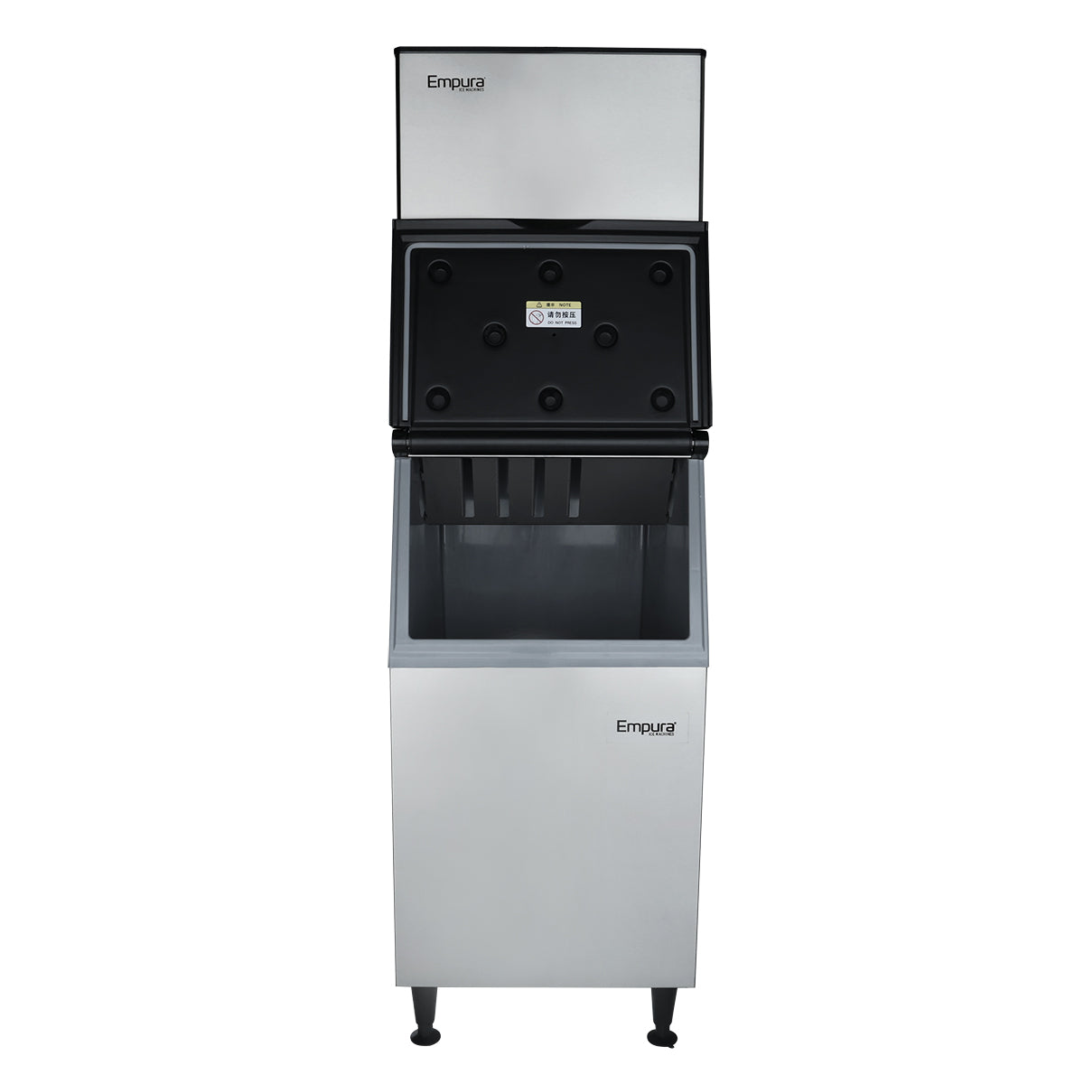 A stainless steel Empura full cube ice maker stands with its lid open, revealing the commercial ice storage compartment inside. The machine features four black legs and a sleek, rectangular design with the Empura logo on the front.