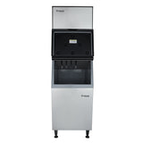 A stainless steel Empura full cube ice maker stands with its lid open, revealing the commercial ice storage compartment inside. The machine features four black legs and a sleek, rectangular design with the Empura logo on the front.