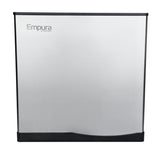 A stainless steel commercial ice maker with a flat front and black trim at the base and sides. The Empura Ice Machines logo appears in the top left. Its modern, minimal design produces half cube ice, with no visible buttons or handles.