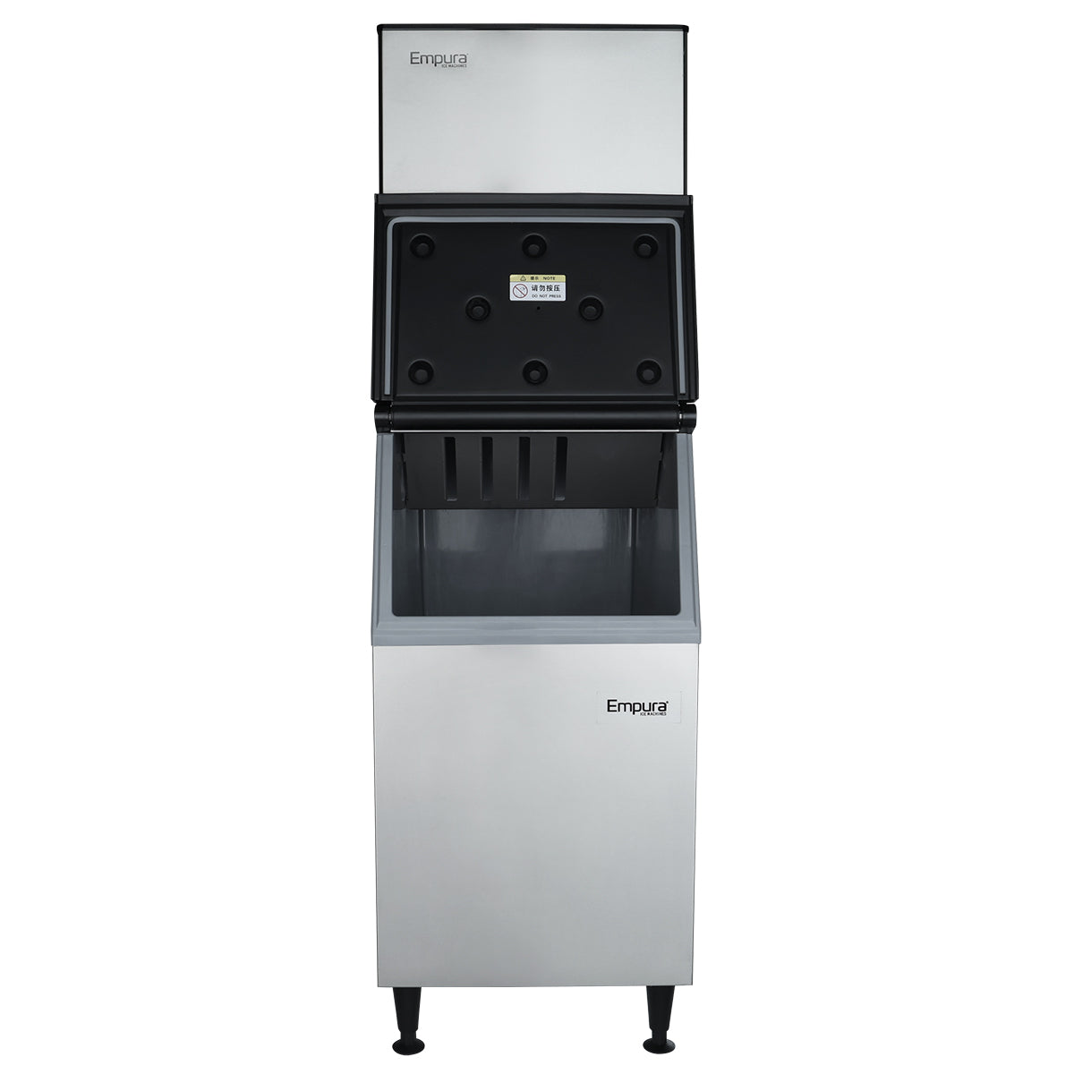A stainless steel cube-style ice maker with an open top section revealing the ice-making compartment. The lower section serves as a storage bin. The Empura commercial ice maker stands on black legs with the brand logo on both top and front panels.