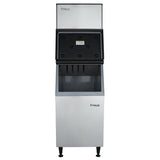 A stainless steel cube-style ice maker with an open top section revealing the ice-making compartment. The lower section serves as a storage bin. The Empura commercial ice maker stands on black legs with the brand logo on both top and front panels.