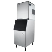 Angled product view of the Empura E-MCHB350 ice maker with black flip-down ice bin, built for high-volume use
