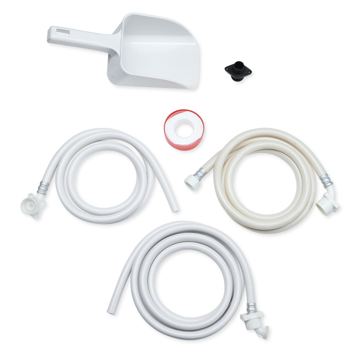 A set of washing machine accessories on a white background, including a white plastic scoop—also ideal for use with an ice machine or commercial ice maker—a black rubber stopper, Teflon tape, and three coiled white hoses with connectors.