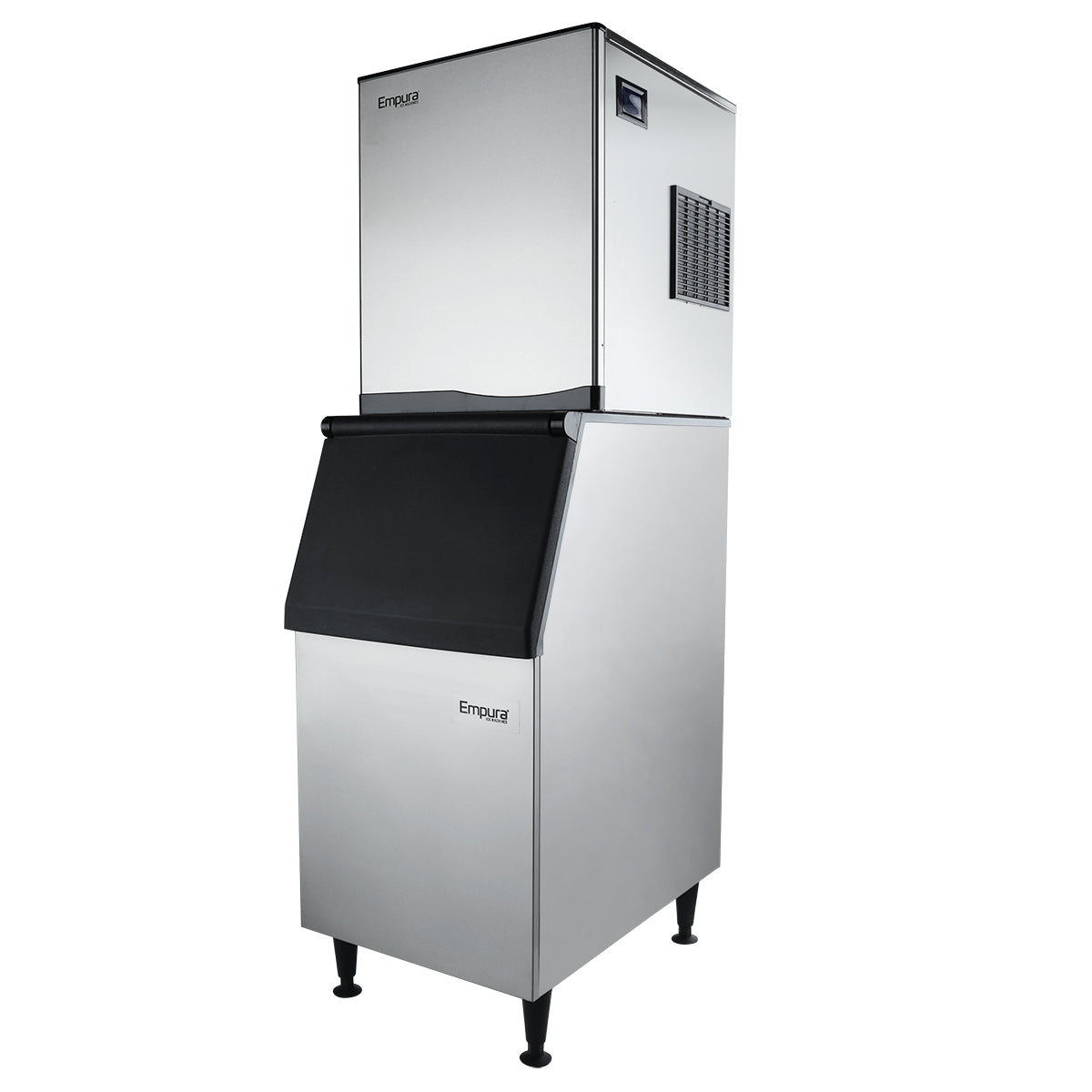 Angled product view of Empura E-MCHB500 half cube ice machine mounted on matching Empura bin