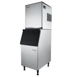 Angled product view of Empura E-MCHB500 half cube ice machine mounted on matching Empura bin