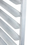 Close-up view of a sturdy aluminum pan rack with evenly spaced horizontal shelves, made from shiny silver aluminum. Ideal for holding trays or pans, this bun pan rack is perfect for use in a commercial kitchen or bakery.