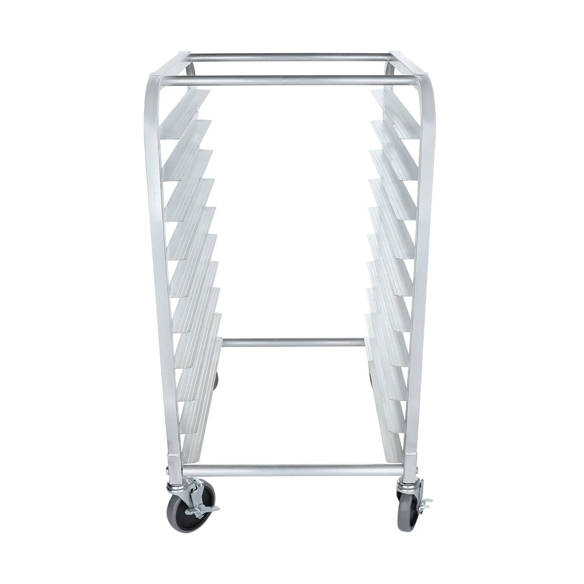 A stainless steel bun pan rack with ten horizontal slots on each side for trays, four swivel caster wheels (two with brakes), and a rectangular base, photographed against a white background.