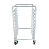 A stainless steel bun pan rack with ten horizontal slots on each side for trays, four swivel caster wheels (two with brakes), and a rectangular base, photographed against a white background.