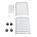 Two silver metal racks with horizontal bars, four caster wheels with brackets, four metal poles, several screws, and metal clips are arranged neatly on a white surface. These parts appear to be for assembling an aluminum pan rack or cart.