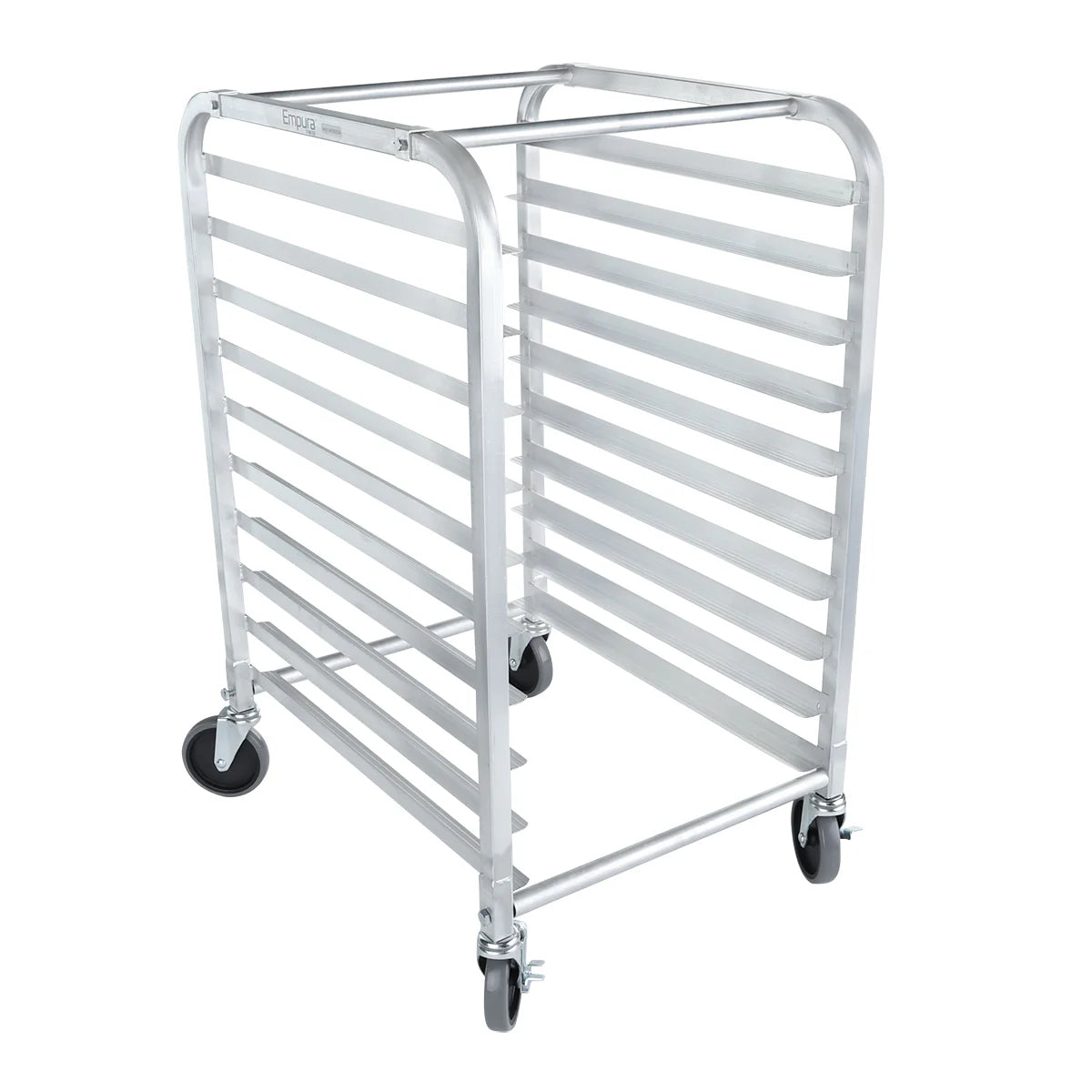 A tall, silver aluminum pan rack with ten horizontal slots for trays, four black caster wheels—two with locks—and rounded top corners, designed for holding or transporting bakery sheets or pans in commercial kitchens. The bun pan rack is empty.