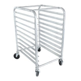 A tall, silver aluminum pan rack with ten horizontal slots for trays, four black caster wheels—two with locks—and rounded top corners, designed for holding or transporting bakery sheets or pans in commercial kitchens. The bun pan rack is empty.