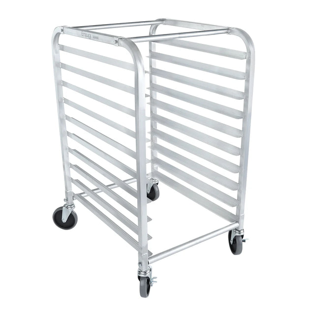 A tall, silver aluminum pan rack with ten horizontal slots for trays, four black caster wheels—two with locks—and rounded top corners, designed for holding or transporting bakery sheets or pans in commercial kitchens. The bun pan rack is empty.