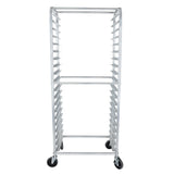 A tall, silver aluminum pan rack with multiple horizontal shelves, open sides, and four black caster wheels. The empty bakery rack is pictured against a plain white background and viewed from the front.