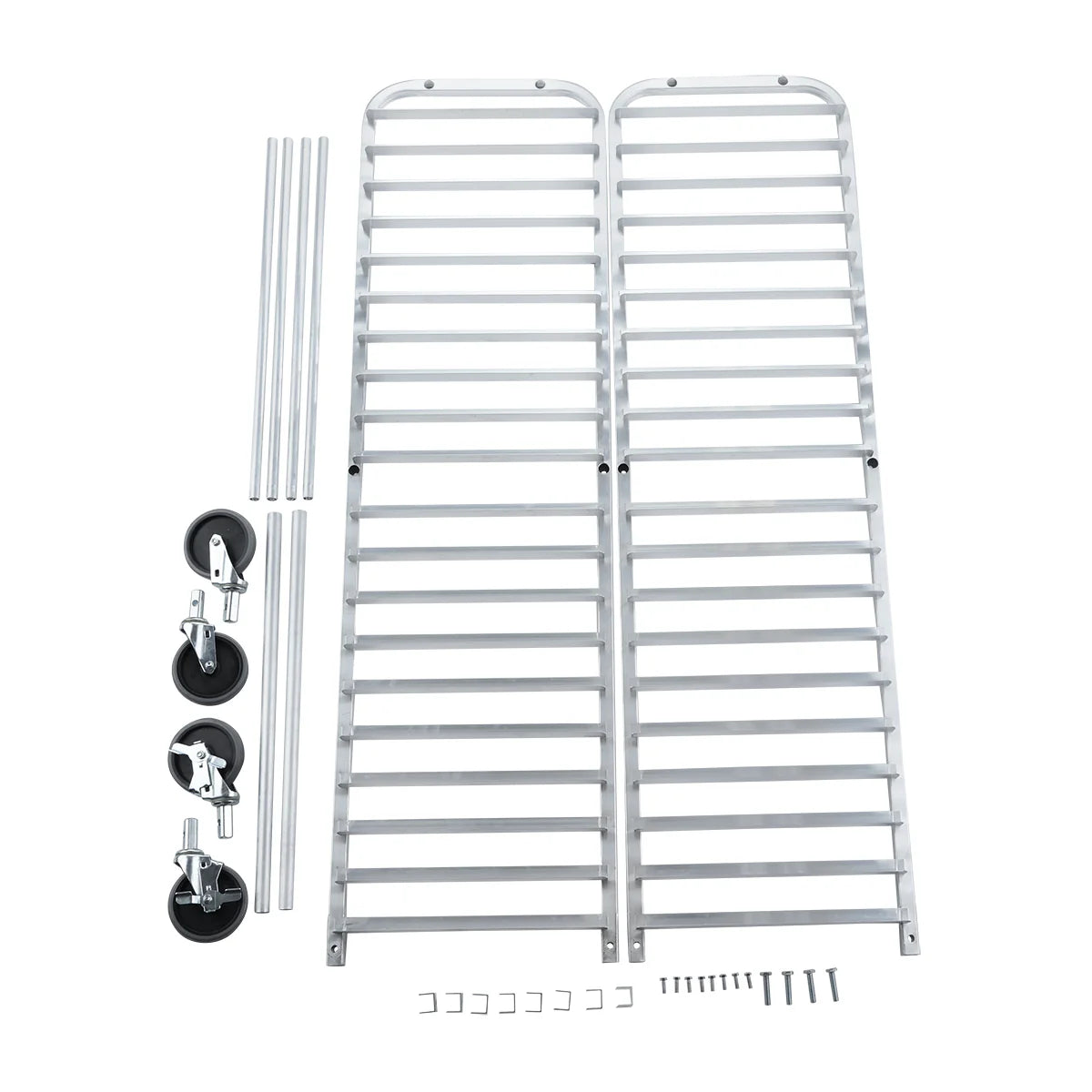 Two silver metal ladder-like racks, four rods, three caster wheels, nine screws, and ten small metal brackets are neatly arranged on a white background, suggesting components for assembling an aluminum pan rack or utility cart.