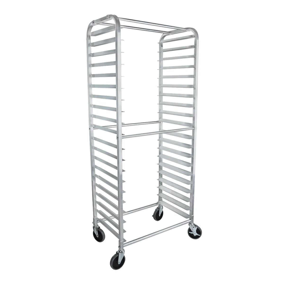 A tall, silver aluminum pan rack with multiple horizontal slots for pans. The bun pan rack is open on all sides and sits on four black caster wheels, allowing it to be moved easily. Its structure is rectangular and utilitarian in design.