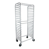 A tall, silver aluminum pan rack with multiple horizontal slots for pans. The bun pan rack is open on all sides and sits on four black caster wheels, allowing it to be moved easily. Its structure is rectangular and utilitarian in design.