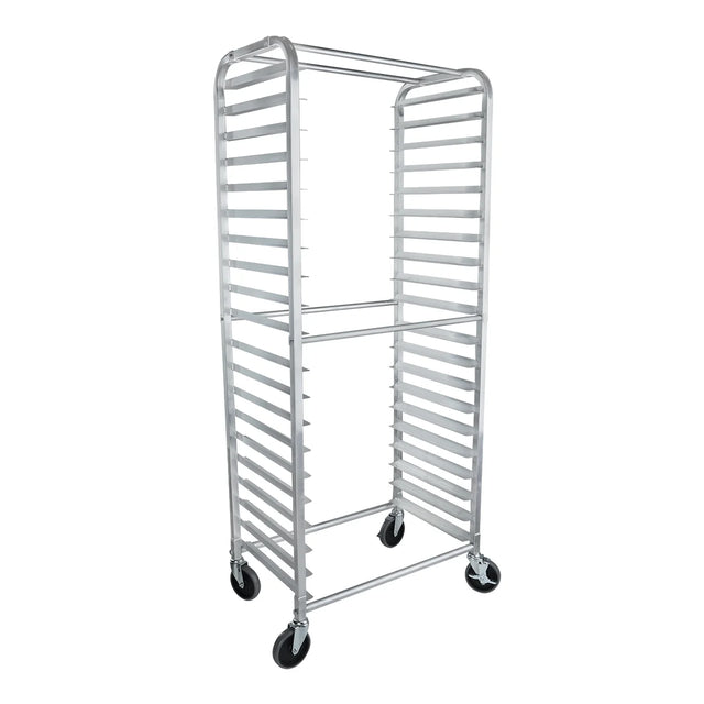 A tall, silver aluminum pan rack with multiple horizontal slots for pans. The bun pan rack is open on all sides and sits on four black caster wheels, allowing it to be moved easily. Its structure is rectangular and utilitarian in design.