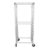 A commercial aluminum pan rack with multiple empty horizontal slots for trays or pans stands upright on four black caster wheels for mobility, photographed against a white background.