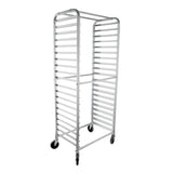 A tall, silver aluminum pan rack on four black wheels. The rack has multiple parallel horizontal slots on both sides for holding trays or pans and is open on all sides except for the top and bottom.