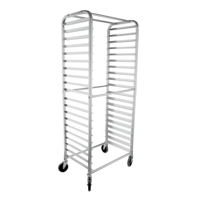 A tall, silver aluminum pan rack on four black wheels. The rack has multiple parallel horizontal slots on both sides for holding trays or pans and is open on all sides except for the top and bottom.