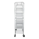 A tall, silver aluminum pan rack with multiple horizontal shelves, four legs, and four caster wheels, two of which are visible. The bun pan rack is empty and photographed against a plain white background, highlighting its sturdy, open-frame design.