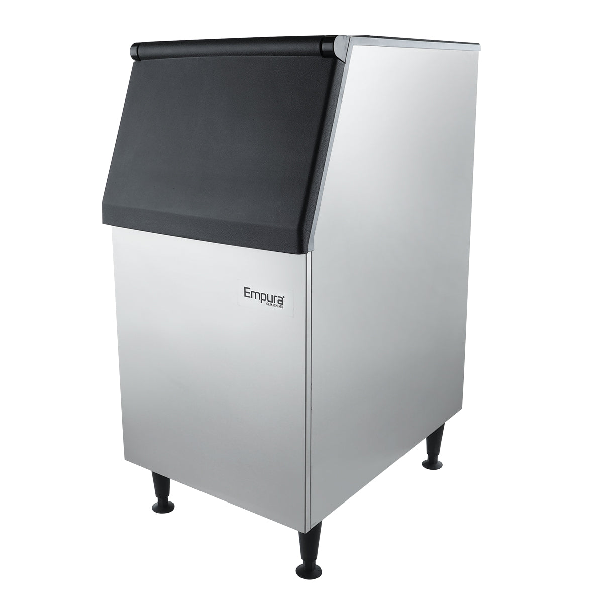 A sleek stainless steel commercial ice storage bin with a black, sloped lid and four sturdy legs. The Empura logo is displayed on the front, pairing perfectly with Empura ice machines for any modern food service environment. Photographed on a white background.