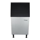 A commercial ice storage bin with a black top and stainless steel body, standing on four legs. The front panel displays the Empura brand logo. This simple, functional bin is ideal for use with Empura ice machines in restaurants or cafeterias.