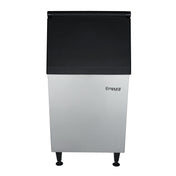 A commercial ice storage bin with a black top and stainless steel body, standing on four legs. The front panel displays the Empura brand logo. This simple, functional bin is ideal for use with Empura ice machines in restaurants or cafeterias.