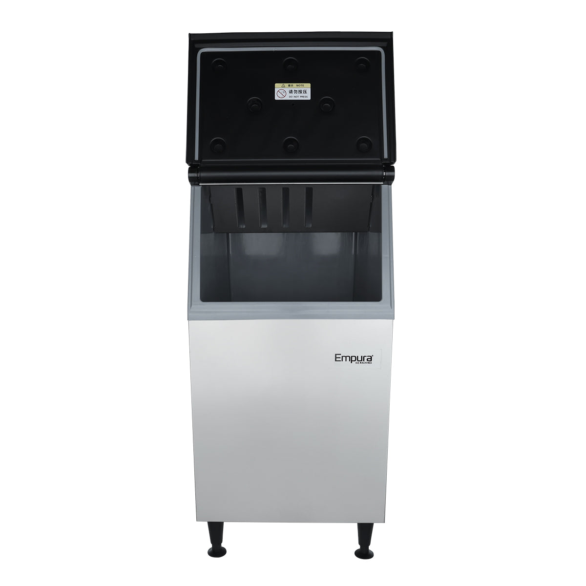 A commercial ice storage bin with an open black lid reveals a spacious, empty interior. The exterior is stainless steel with the Empura name—trusted in Empura ice machines—visible on the front, standing on four black legs against a plain white background.