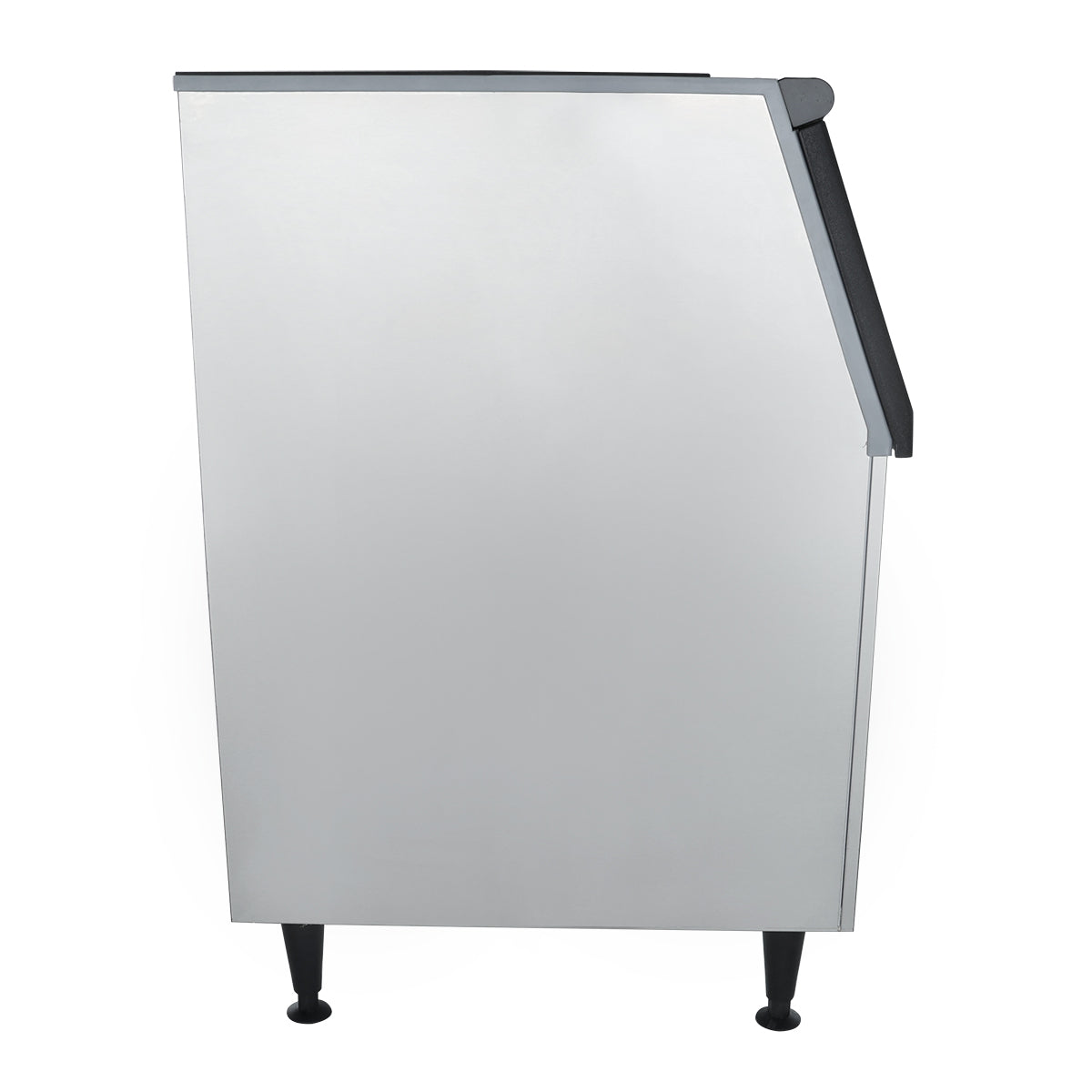 A tall, rectangular metal appliance viewed from the side, featuring a flat, plain silver surface and black legs—ideal as an ice storage bin for Empura ice machines—with a slightly angled top edge and small black handle near the top right corner.