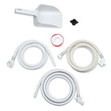 A set of white washing machine accessories on a white background, including three coiled hoses with connectors, a white plastic scoop—ideal for commercial ice storage use—a roll of Teflon tape with a red rim, and a small black rubber stopper.