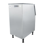 Rear angled view of the Empura E-SB300 ice bin with drain and safety label