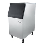 Front-right angled view of the Empura E-SB300 commercial ice bin showing black top lid