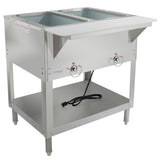 A commercial stainless steel 2-well steam table with deep rectangular wells, front control knobs, a black power cord, and a lower storage shelf. “Empura” is labeled on the front. The unit stands on four legs and has a clean, modern design.