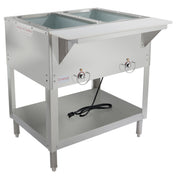 A commercial stainless steel 2-well steam table with deep rectangular wells, front control knobs, a black power cord, and a lower storage shelf. “Empura” is labeled on the front. The unit stands on four legs and has a clean, modern design.