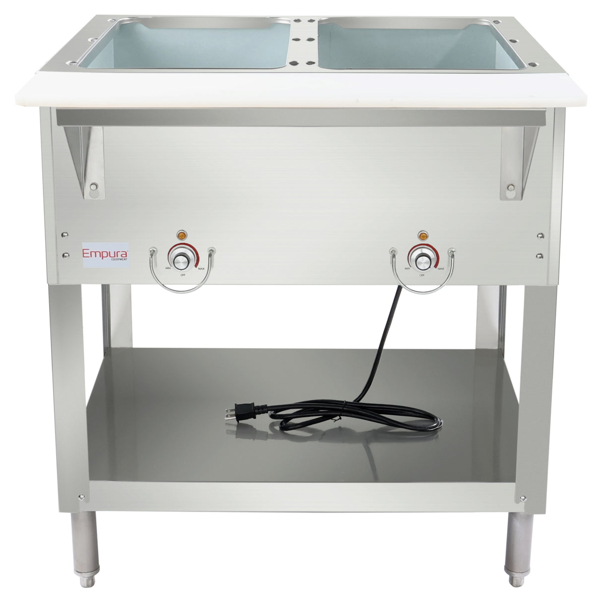 A stainless steel electric steam table with two sink-like wells, two control knobs, a lower storage shelf, and a black power cord resting on the bottom shelf. The 2-well steam table has four legs and a smooth, clean surface.
