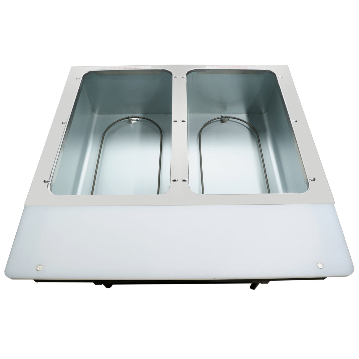 A stainless steel electric steam table with two rectangular compartments, each featuring rounded corners and a visible heating element at the bottom, viewed from above on a white background.