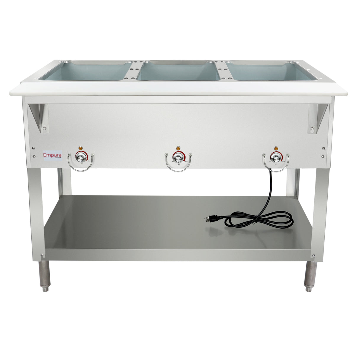 A stainless steel electric steam table with three food wells, three front control knobs, a lower storage shelf, and an attached electric cord, all set against a plain white background.