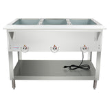 A stainless steel electric steam table with three food wells, three front control knobs, a lower storage shelf, and an attached electric cord, all set against a plain white background.