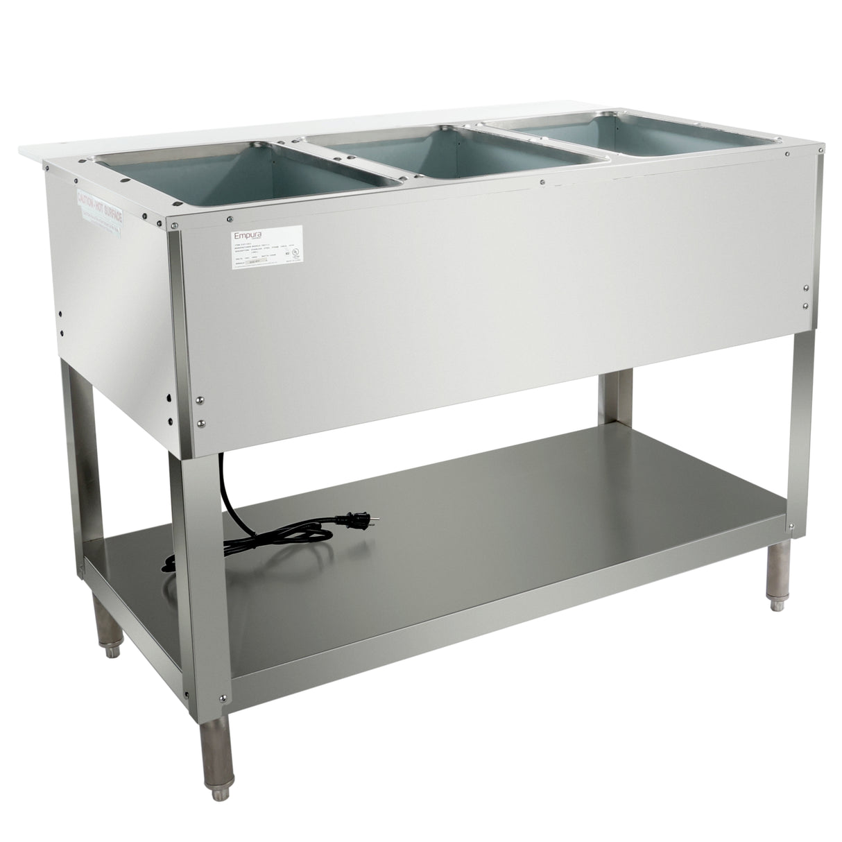 A stainless steel 3-well steam table with open rectangular wells, an empty lower shelf, adjustable legs, and a visible electric cord. This clean electric steam table is designed for versatile commercial food service use.