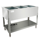 A stainless steel 3-well steam table with open rectangular wells, an empty lower shelf, adjustable legs, and a visible electric cord. This clean electric steam table is designed for versatile commercial food service use.